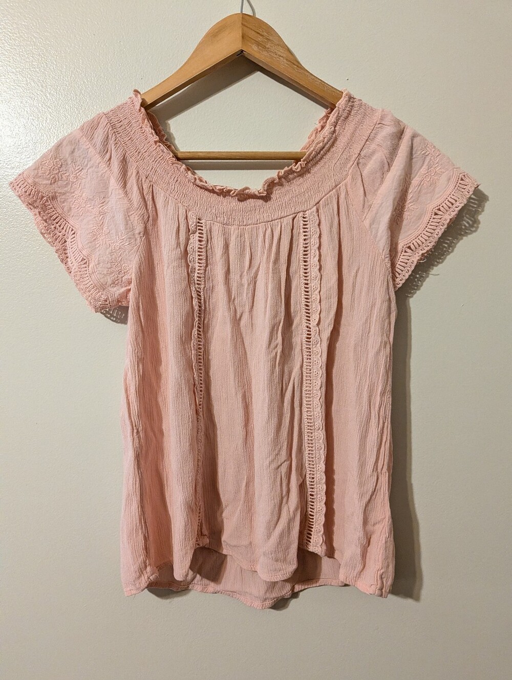 Self Esteem Pink Short Sleeve Scallop Lace Trim Peasant Top L Boho Romantic